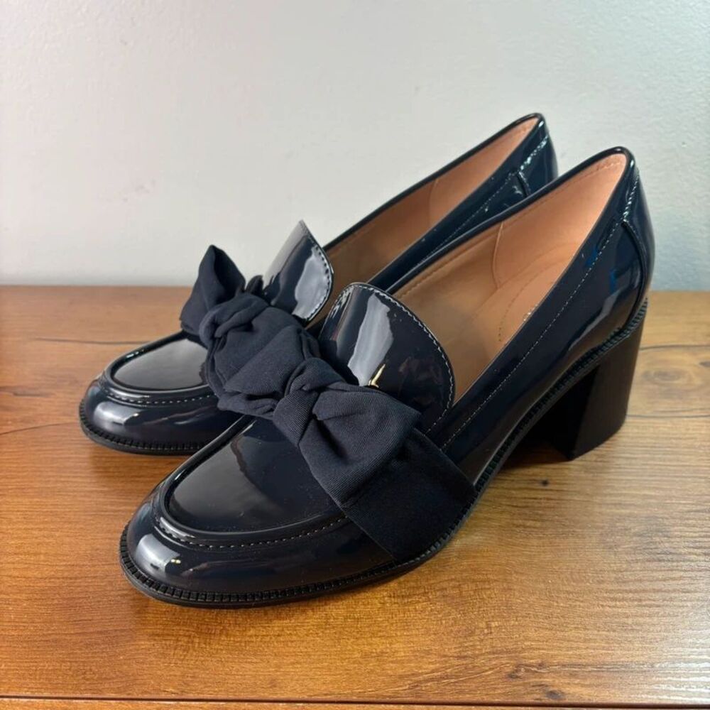 Bandolino Womens 9.5 Korrar Bow Block Heel Loafers Navy Patent